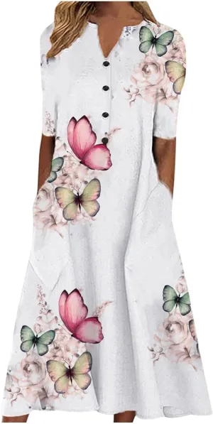 Maxi Dresses for Women 2025 Vneck Floral Sundresses Short Sleeve T Shirt Dress Flowy Summer Clothes with Pocket