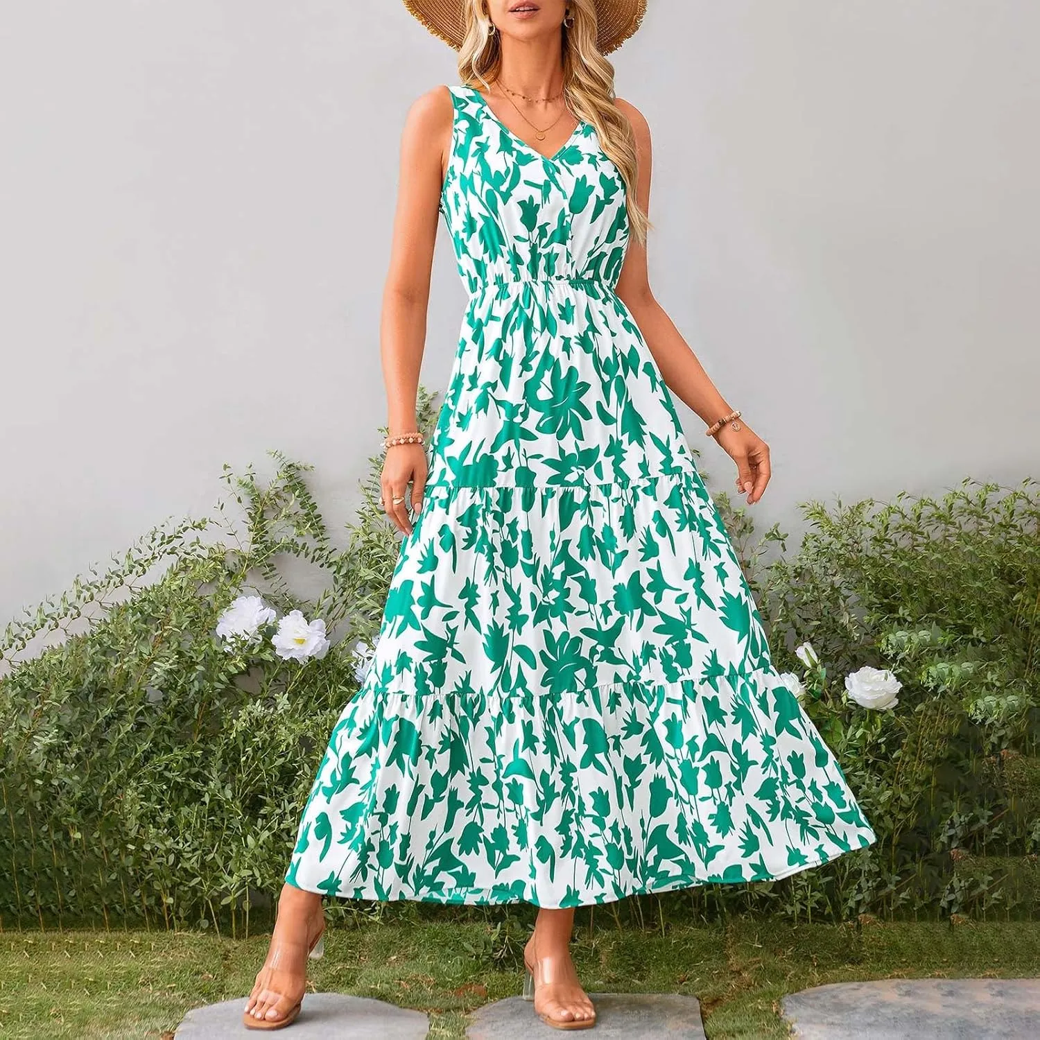 Maxi Dresses for Women Summer Wrap V Neck Long Floral Dress Elegant Formal Wedding Guest Dresses Boho Flowy Sundress