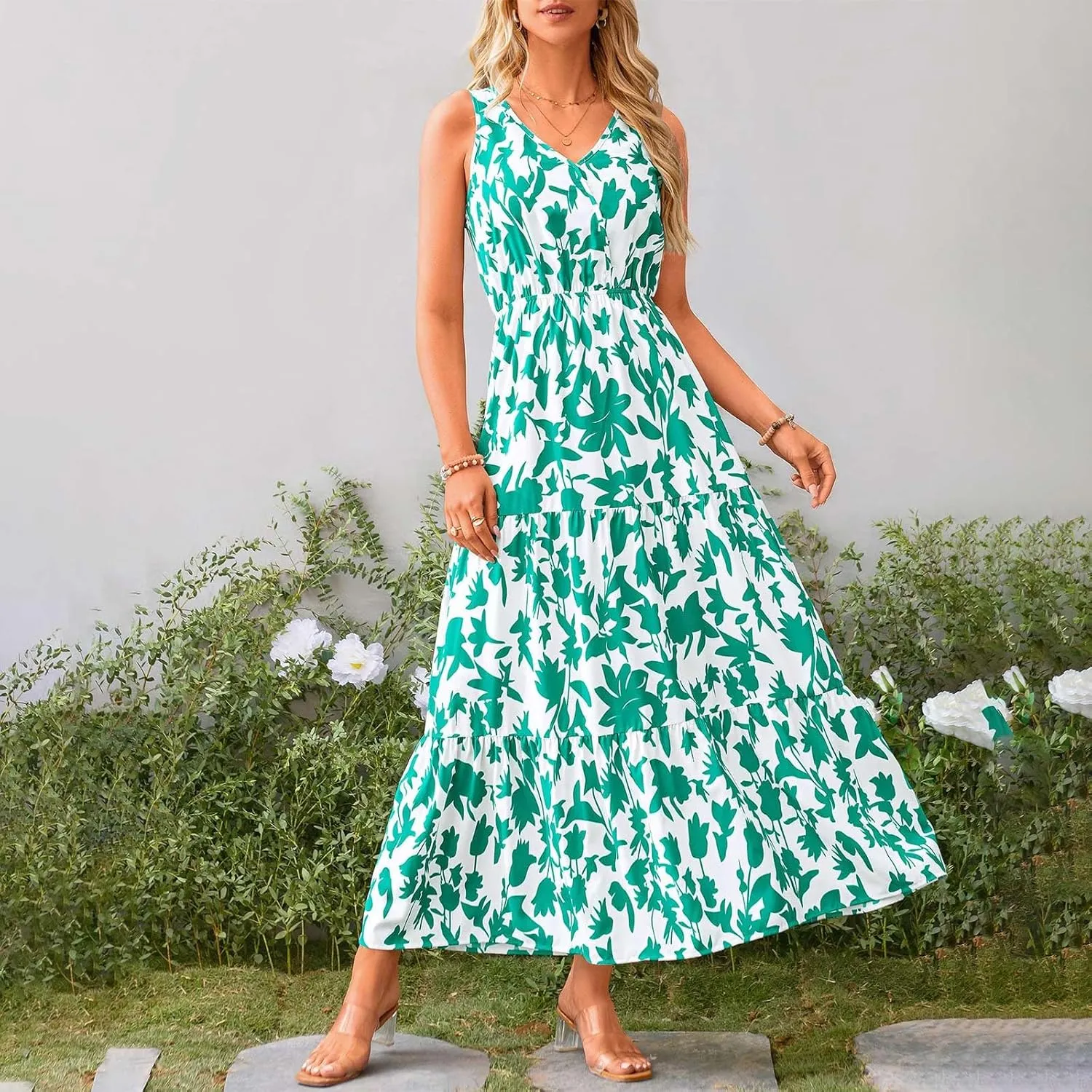 Maxi Dresses for Women Summer Wrap V Neck Long Floral Dress Elegant Formal Wedding Guest Dresses Boho Flowy Sundress