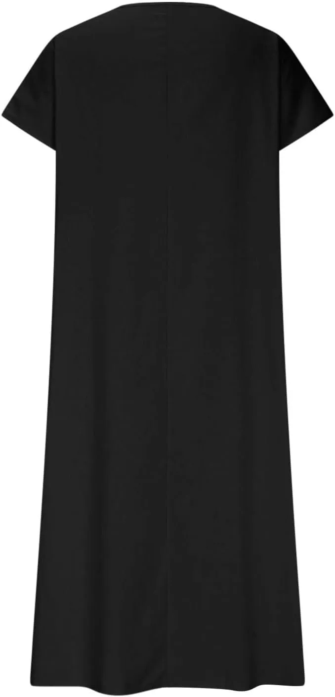 Maxi Linen Dresses for Women 2025 Casual Summer Short Sleeve V Neck Gauze Dress Loose Long Flowy Dresses Vacation