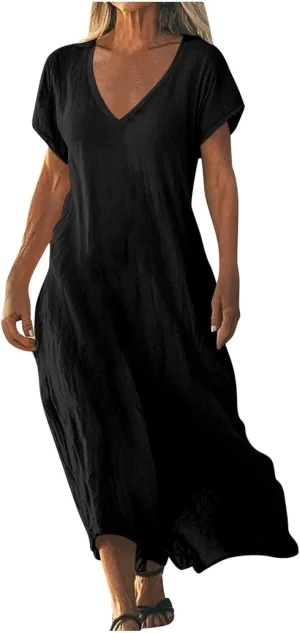 Maxi Linen Dresses for Women 2025 Casual Summer Short Sleeve V Neck Gauze Dress Loose Long Flowy Dresses Vacation