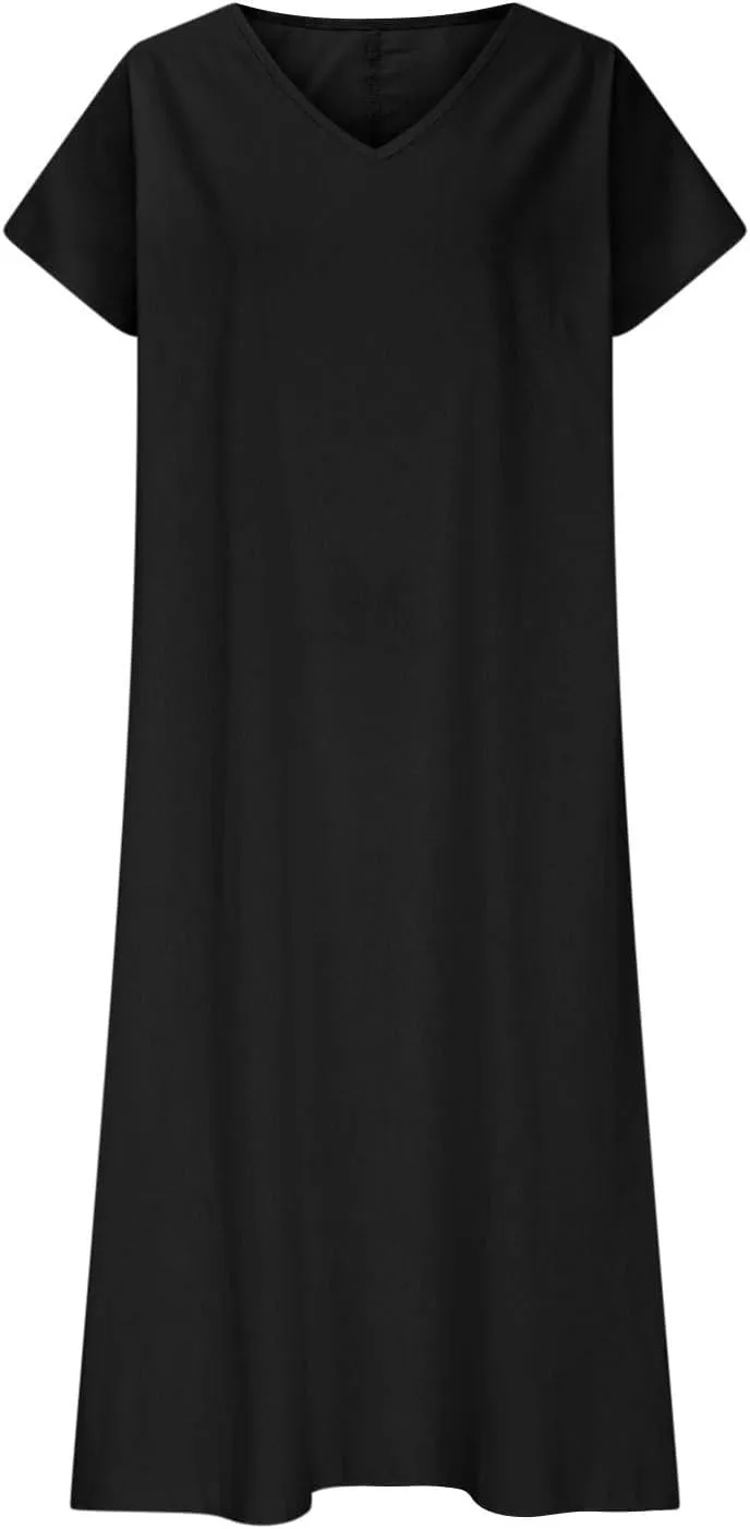 Maxi Linen Dresses for Women 2025 Casual Summer Short Sleeve V Neck Gauze Dress Loose Long Flowy Dresses Vacation