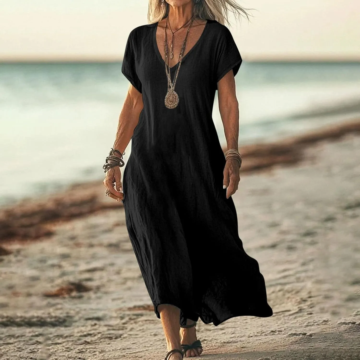 Maxi Linen Dresses for Women 2025 Casual Summer Short Sleeve V Neck Gauze Dress Loose Long Flowy Dresses Vacation
