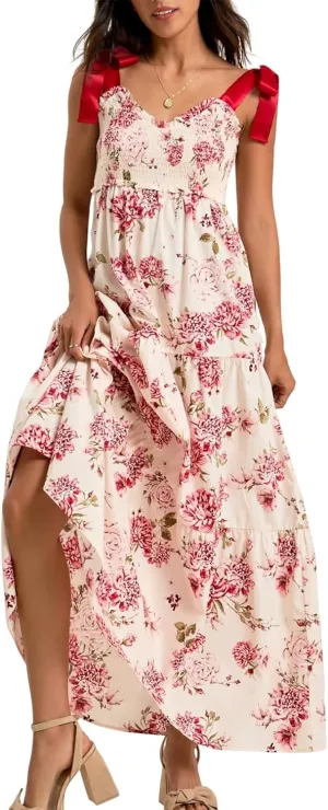 Meiweileya Y2k Tie Shoulder Strap Smocked Maxi Dress for Women Flower Print Ruffle Long Boho Beach Summer Sundress 2025