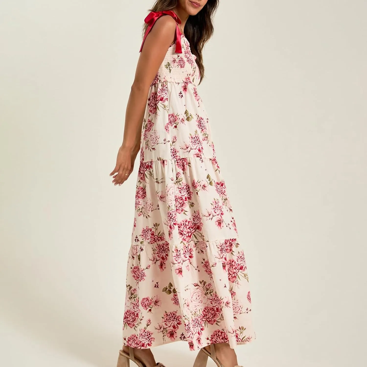 Meiweileya Y2k Tie Shoulder Strap Smocked Maxi Dress for Women Flower Print Ruffle Long Boho Beach Summer Sundress 2025