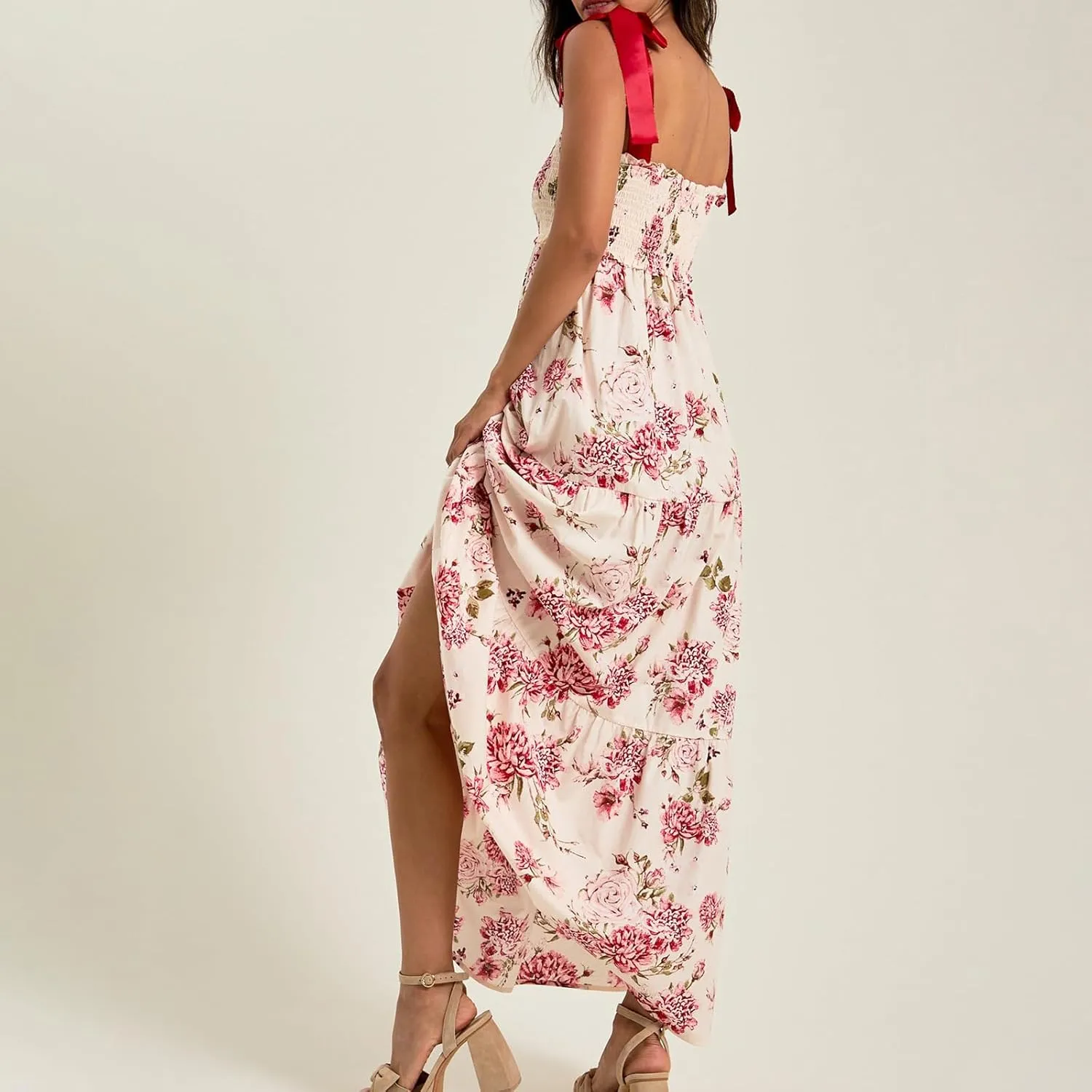 Meiweileya Y2k Tie Shoulder Strap Smocked Maxi Dress for Women Flower Print Ruffle Long Boho Beach Summer Sundress 2025