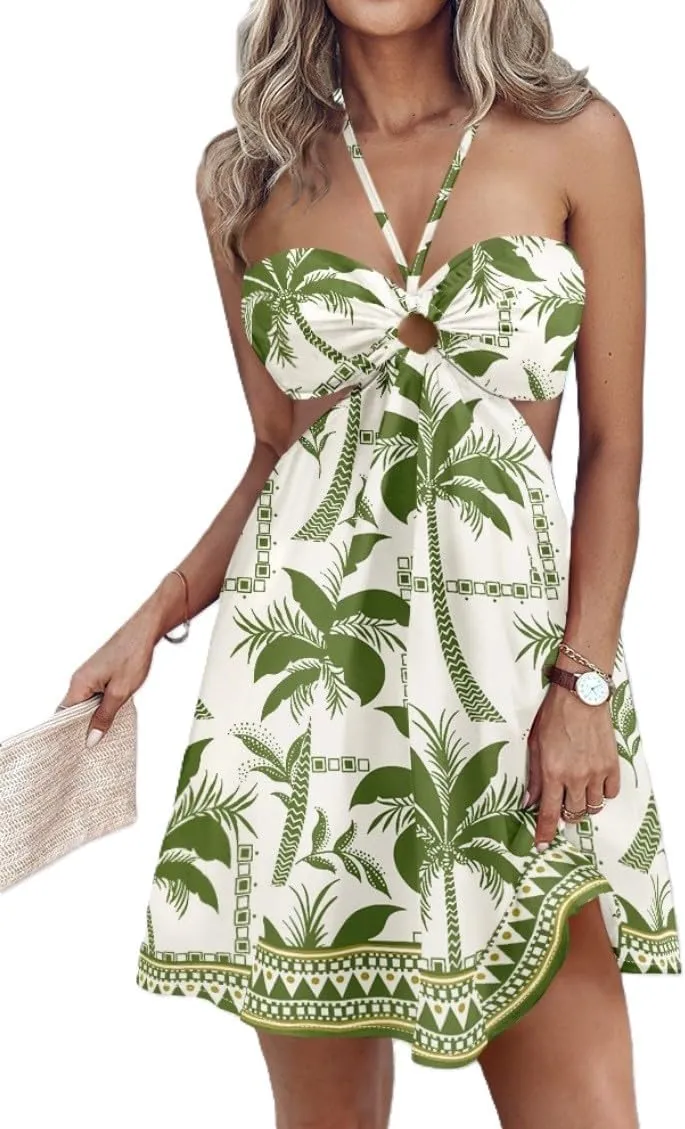 Melliflo Backless Sleeveless Mini Dress for Women Casual Tie Back Sexy Cut Out Ruffle Boho Floral Halter Dress