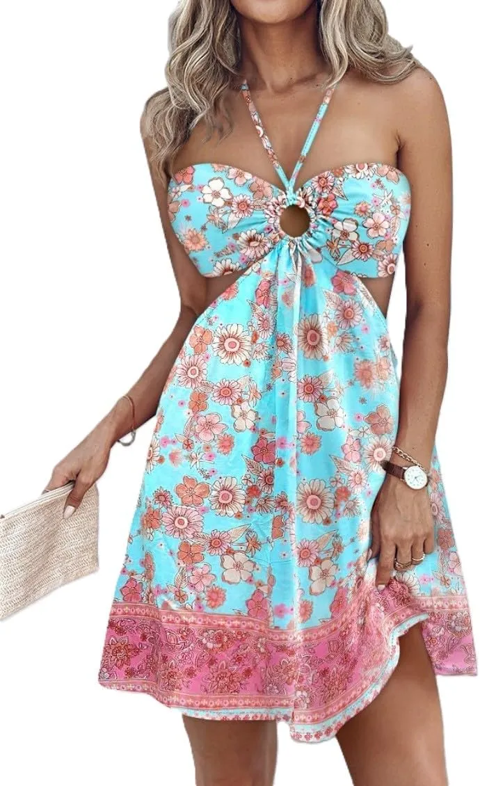 Melliflo Backless Sleeveless Mini Dress for Women Casual Tie Back Sexy Cut Out Ruffle Boho Floral Halter Dress