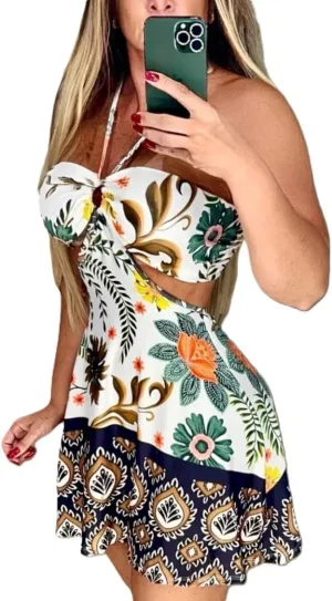 Melliflo Backless Sleeveless Mini Dress for Women Casual Tie Back Sexy Cut Out Ruffle Boho Floral Halter Dress