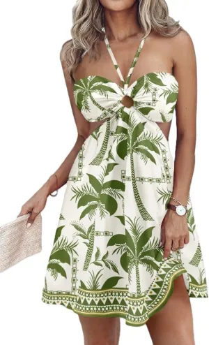 Melliflo Backless Sleeveless Mini Dress for Women Casual Tie Back Sexy Cut Out Ruffle Boho Floral Halter Dress