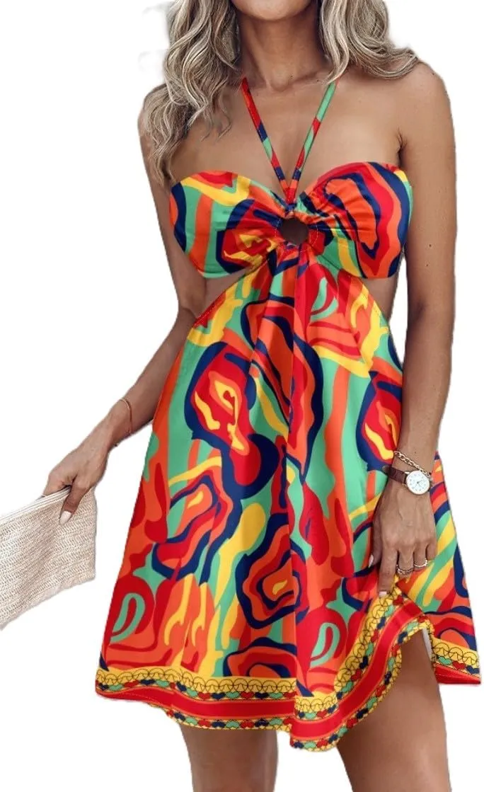 Melliflo Backless Sleeveless Mini Dress for Women Casual Tie Back Sexy Cut Out Ruffle Boho Floral Halter Dress