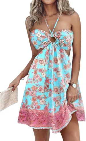 Melliflo Backless Sleeveless Mini Dress for Women Casual Tie Back Sexy Cut Out Ruffle Boho Floral Halter Dress