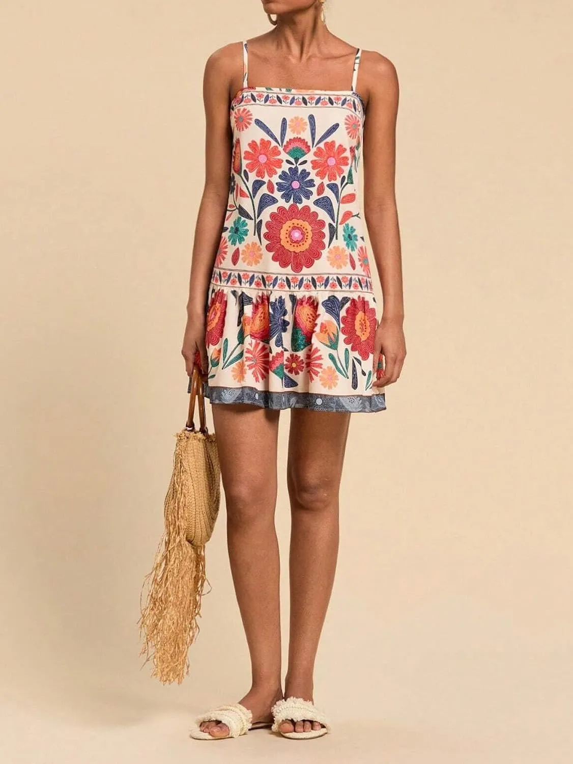 Melliflo Women's Floral Mini Cami Dress Spaghetti Straps Flowy Ruffle Tank Dress Summer Vacation Sleeveless Short Sundress