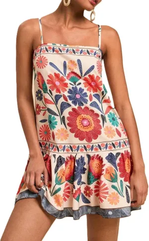 Melliflo Women's Floral Mini Cami Dress Spaghetti Straps Flowy Ruffle Tank Dress Summer Vacation Sleeveless Short Sundress