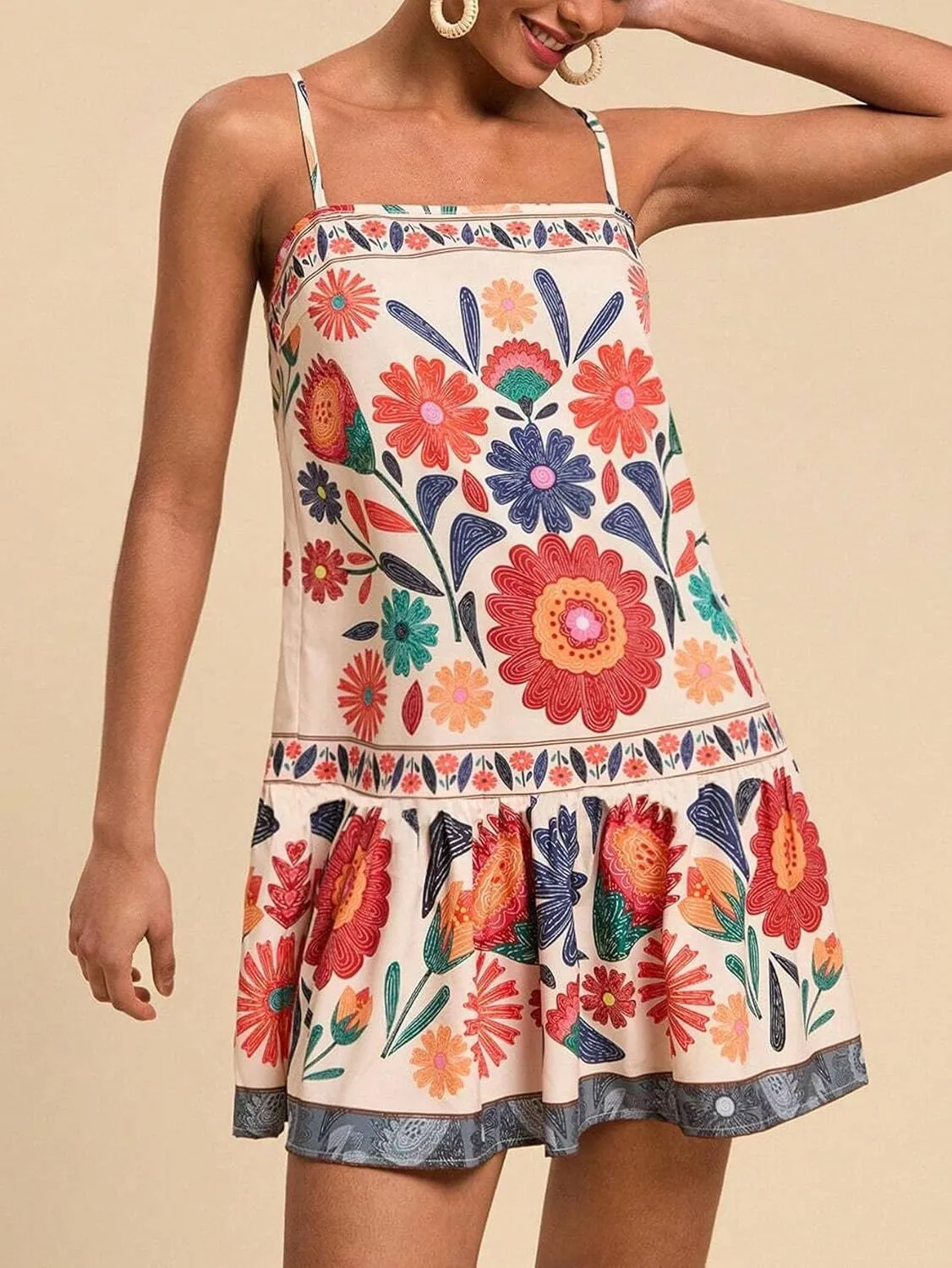 Melliflo Women's Floral Mini Cami Dress Spaghetti Straps Flowy Ruffle Tank Dress Summer Vacation Sleeveless Short Sundress