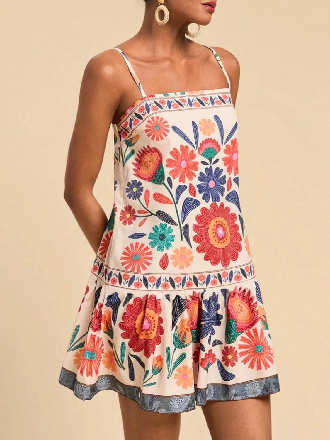 Melliflo Women's Floral Mini Cami Dress Spaghetti Straps Flowy Ruffle Tank Dress Summer Vacation Sleeveless Short Sundress