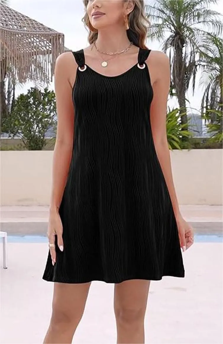 Melliflo Womens Summer Tank Dress Casual Beach Dresses V Neck Sleeveless Short Sundresses Solid Color Textured Dress