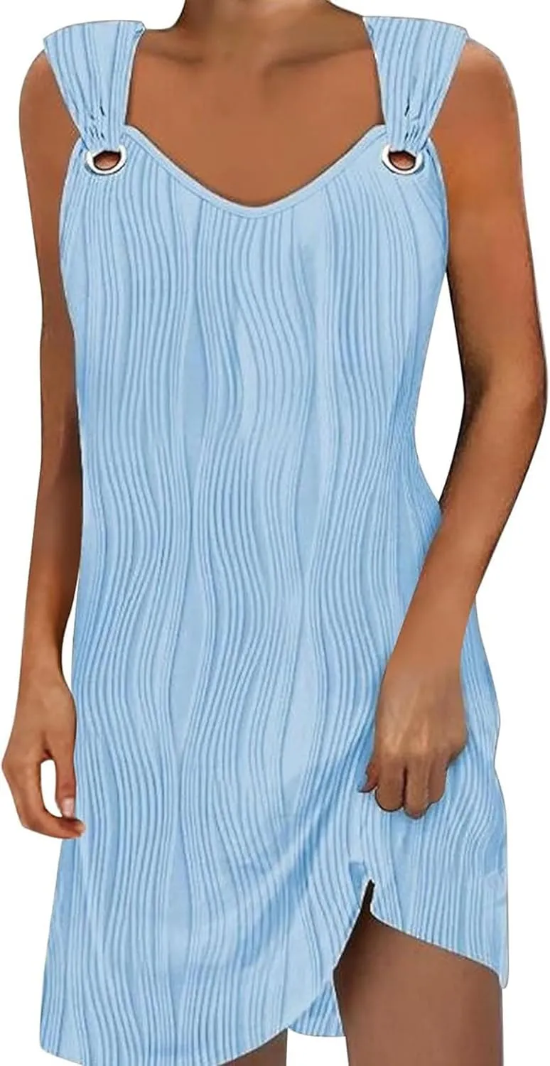 Melliflo Womens Summer Tank Dress Casual Beach Dresses V Neck Sleeveless Short Sundresses Solid Color Textured Dress