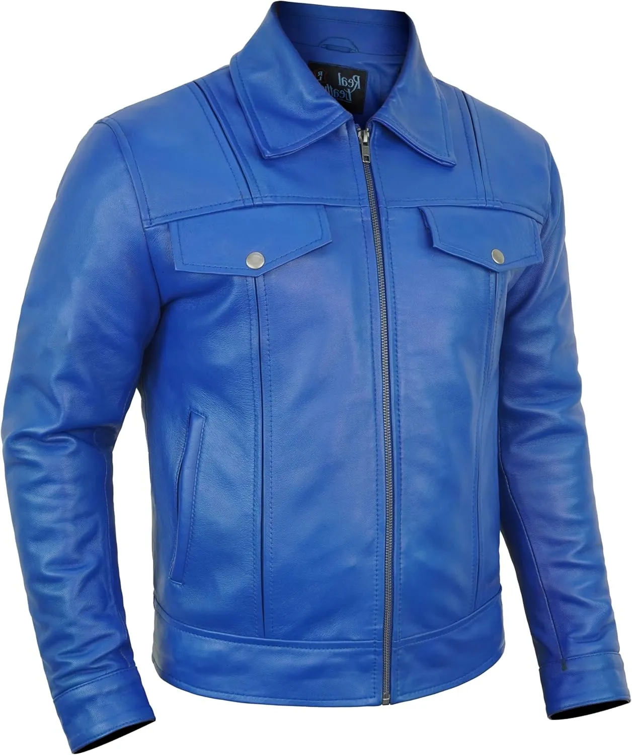 Mens Halloween Cosplay Costume Biker Jacket Shirt Collar Style Blue Leather Motorcycle Jacket