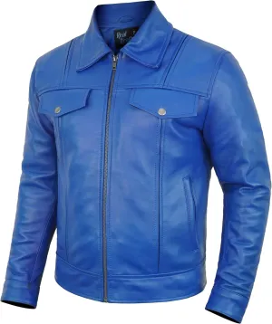 Mens Halloween Cosplay Costume Biker Jacket Shirt Collar Style Blue Leather Motorcycle Jacket