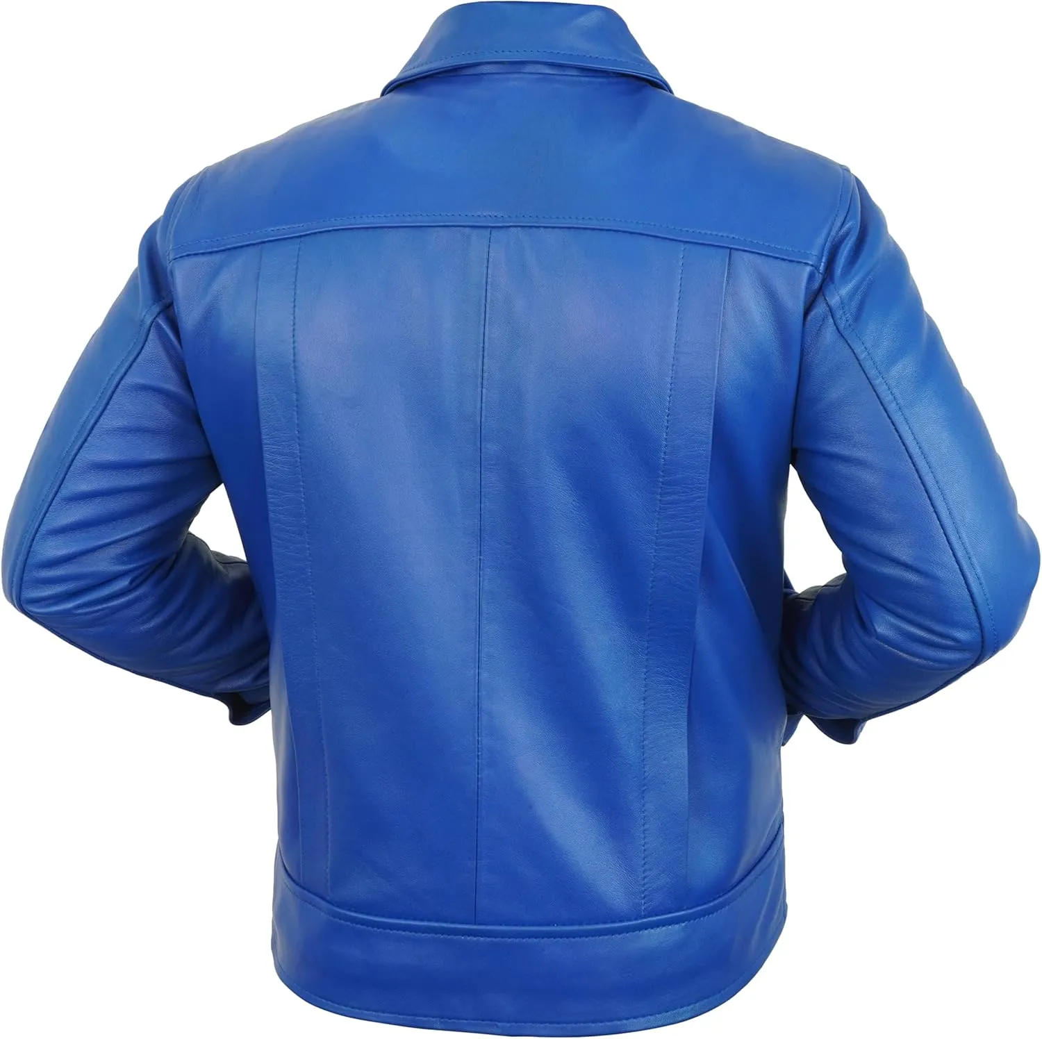 Mens Halloween Cosplay Costume Biker Jacket Shirt Collar Style Blue Leather Motorcycle Jacket