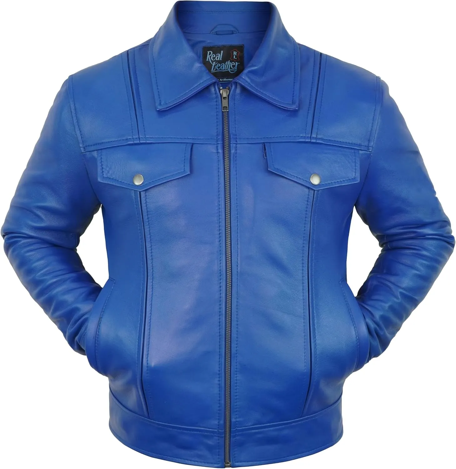 Mens Halloween Cosplay Costume Biker Jacket Shirt Collar Style Blue Leather Motorcycle Jacket