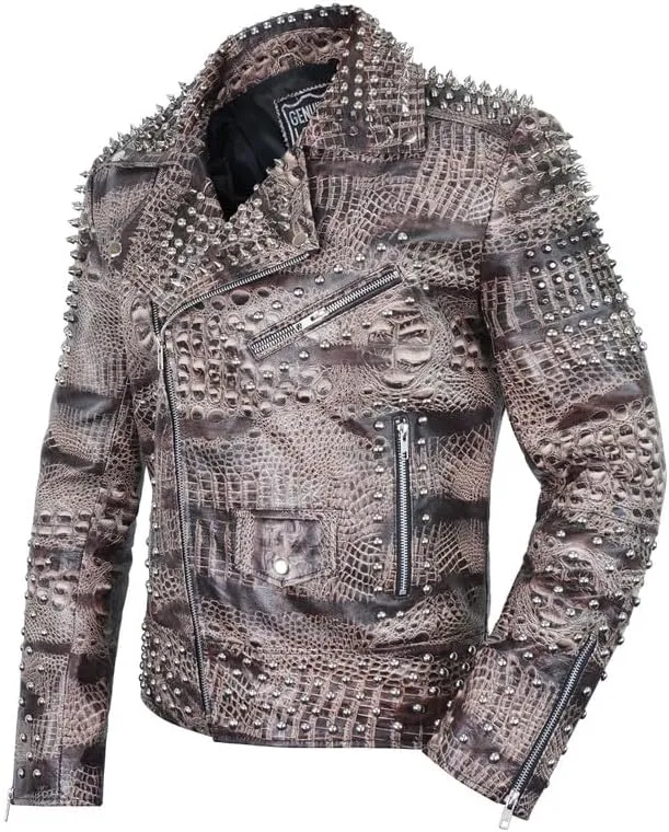 Men's Spiked Biker Jacket in Multicolor Cowhide Leather with Punk Rock Vibes
