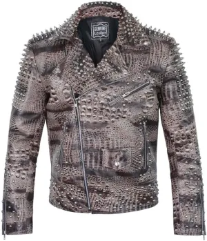 Men's Spiked Biker Jacket in Multicolor Cowhide Leather with Punk Rock Vibes