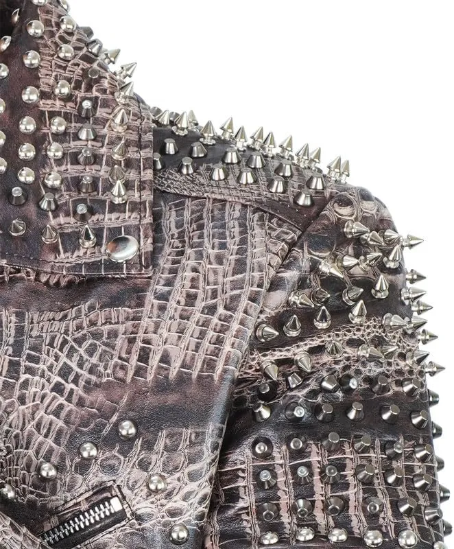 Men's Spiked Biker Jacket in Multicolor Cowhide Leather with Punk Rock Vibes