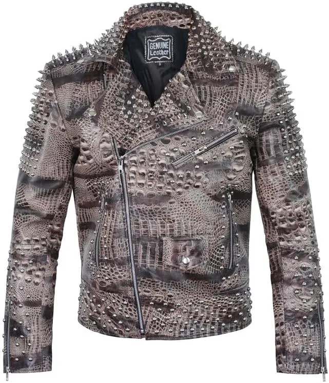 Men's Spiked Biker Jacket in Multicolor Cowhide Leather with Punk Rock Vibes