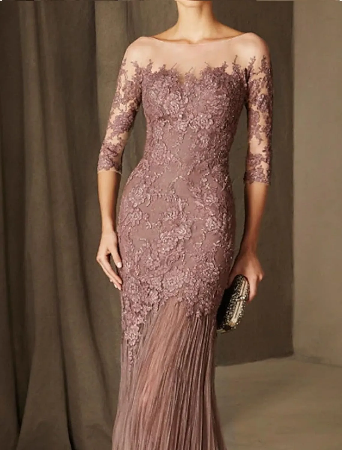 Mermaid Party Dress Elegant Engagement Formal Wedding Guest Evening Dress 3/4 Length Sleeve Sweep/Brush Train 2024