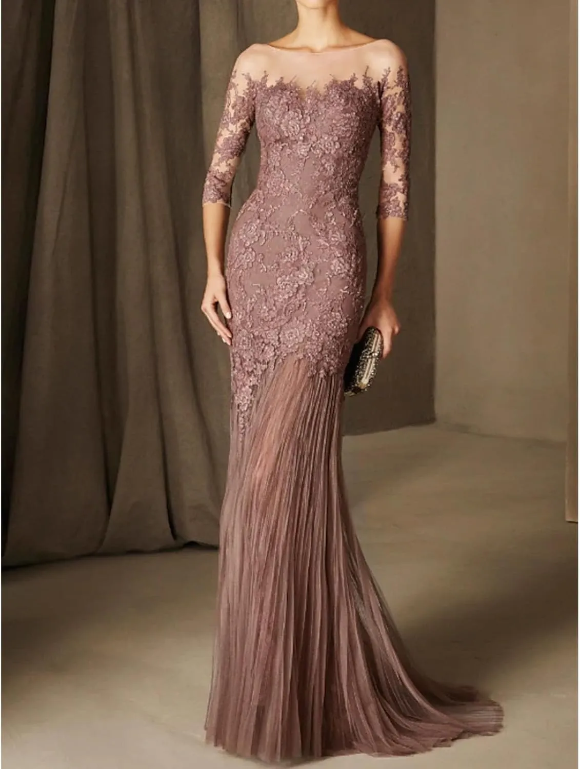 Mermaid Party Dress Elegant Engagement Formal Wedding Guest Evening Dress 3/4 Length Sleeve Sweep/Brush Train 2024