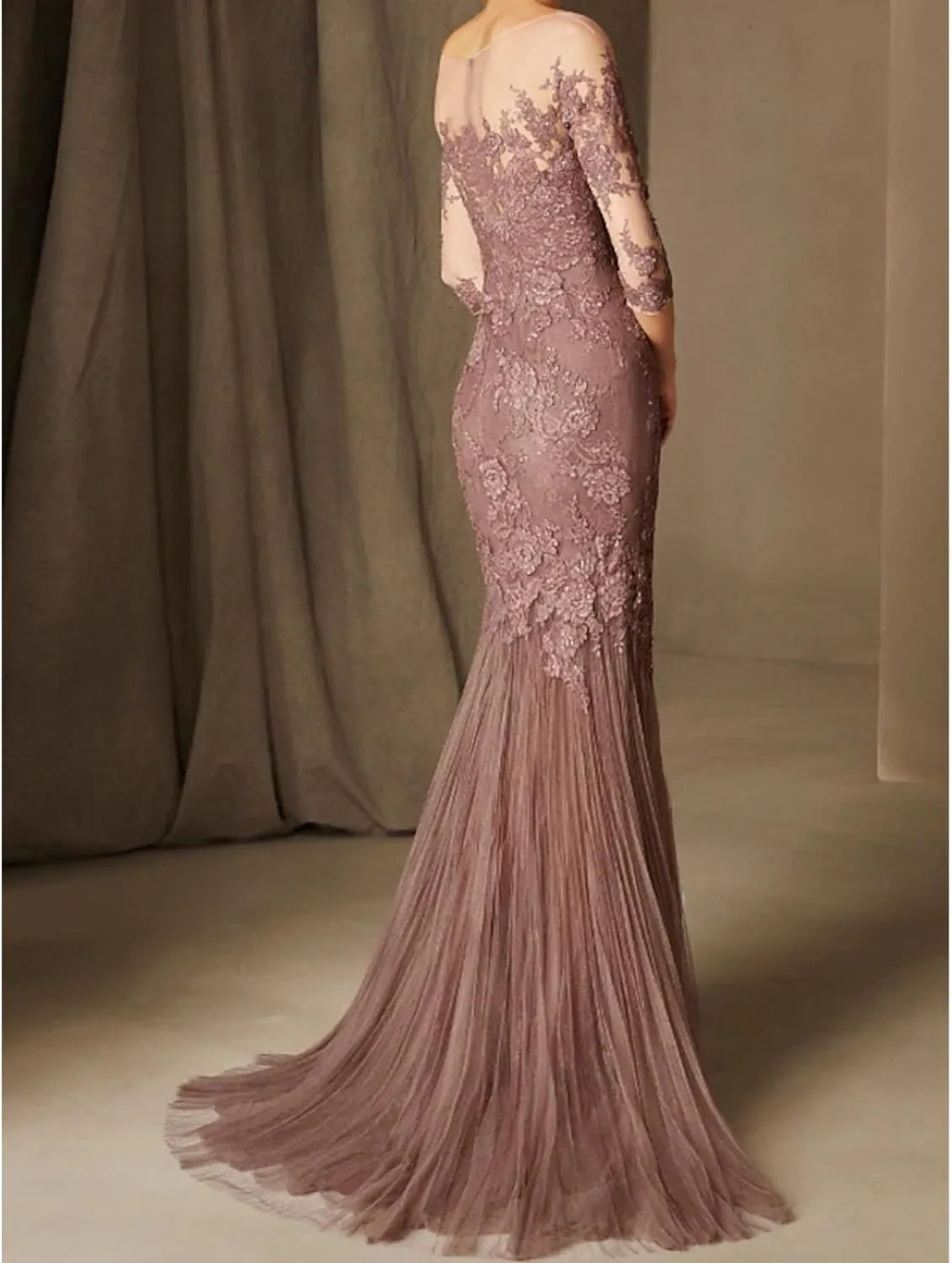 Mermaid Party Dress Elegant Engagement Formal Wedding Guest Evening Dress 3/4 Length Sleeve Sweep/Brush Train 2024