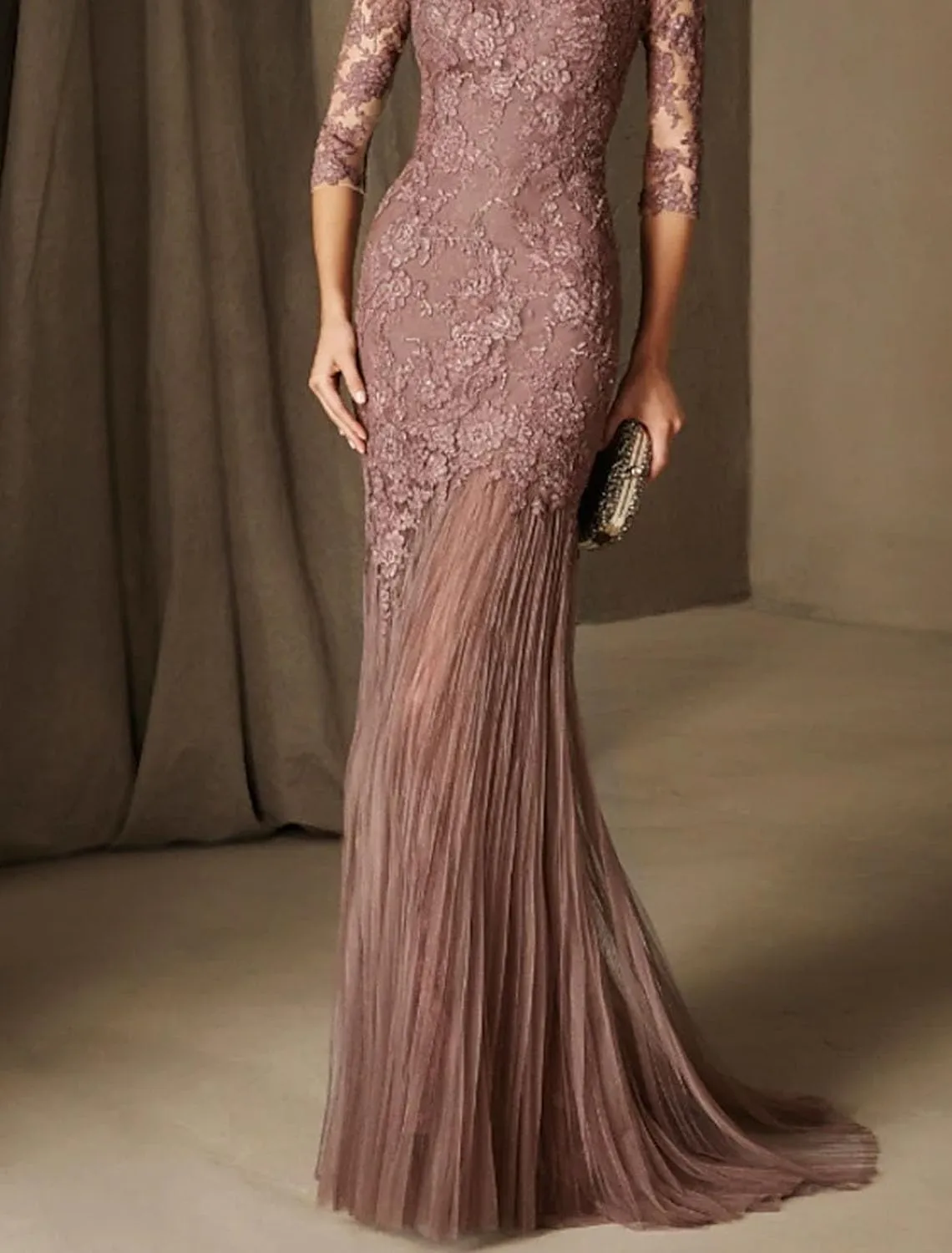 Mermaid Party Dress Elegant Engagement Formal Wedding Guest Evening Dress 3/4 Length Sleeve Sweep/Brush Train 2024