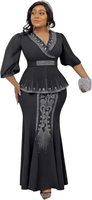 Mermaid Two Pieces Formal Dress for Wedding Guest Puffy Long Sleeves Beaded V Neck African Dresses