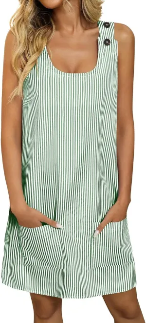 Midi Dresses for Women Casual Striped Sleeveless U Neck Knee Length Summer Dress Comfy Beach Sundress with Pockets