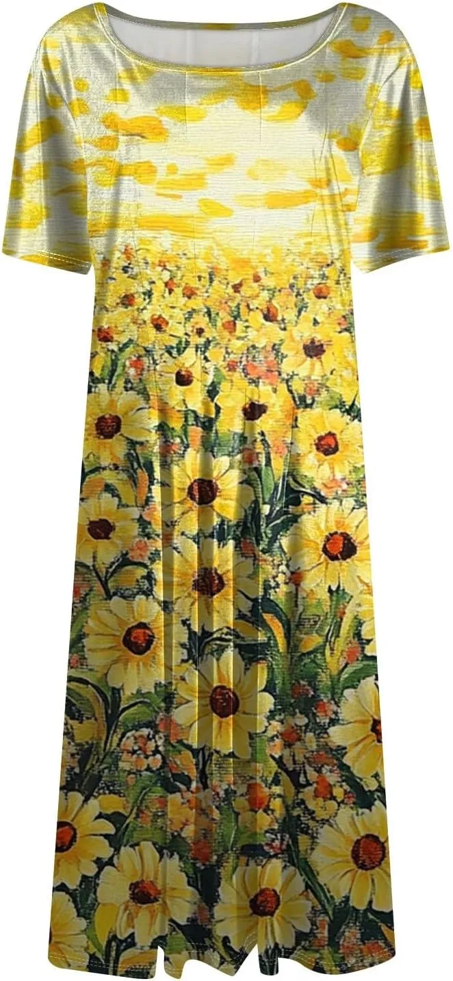 Midi Dresses for Women Spring Short Sleeve Going Out Dress Peplum Crew Neck Elegant Dresses with Pockets