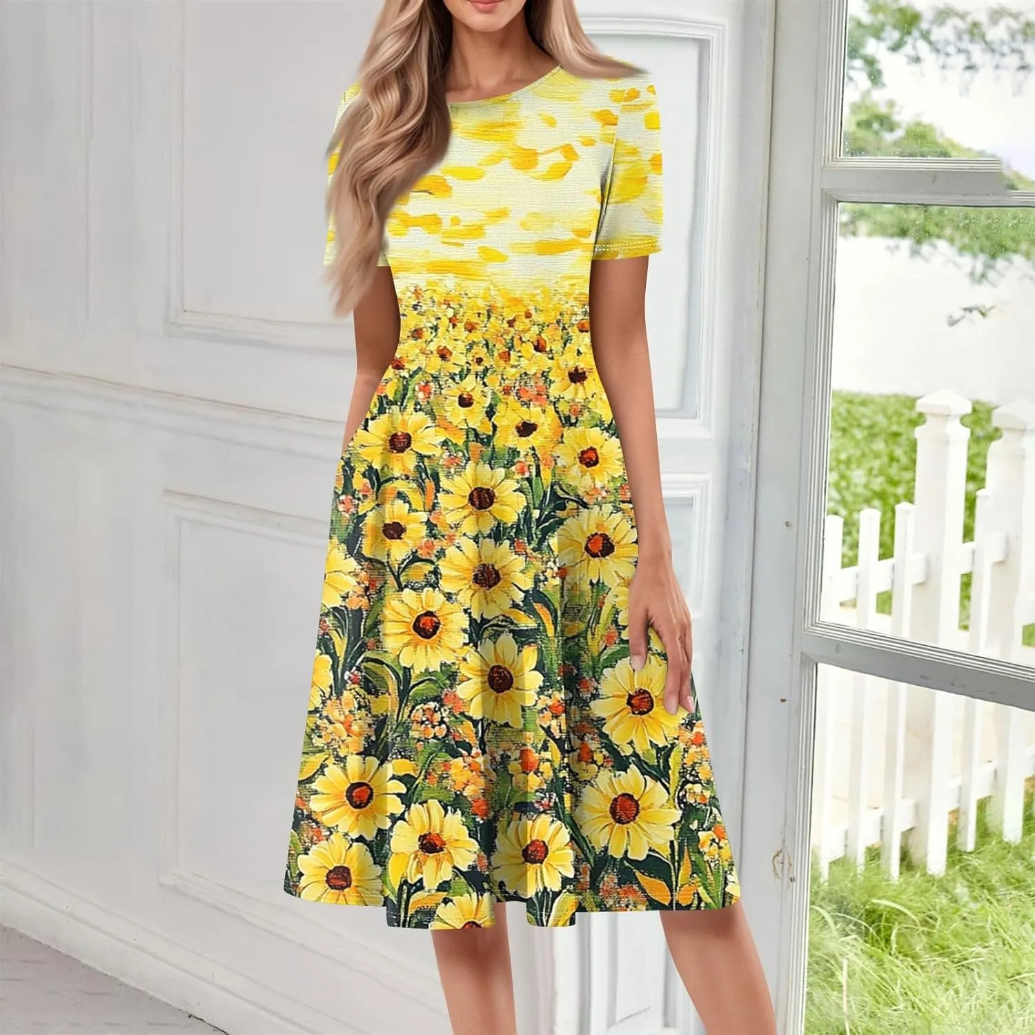 Midi Dresses for Women Spring Short Sleeve Going Out Dress Peplum Crew Neck Elegant Dresses with Pockets