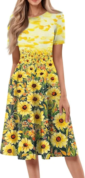 Midi Dresses for Women Spring Short Sleeve Going Out Dress Peplum Crew Neck Elegant Dresses with Pockets