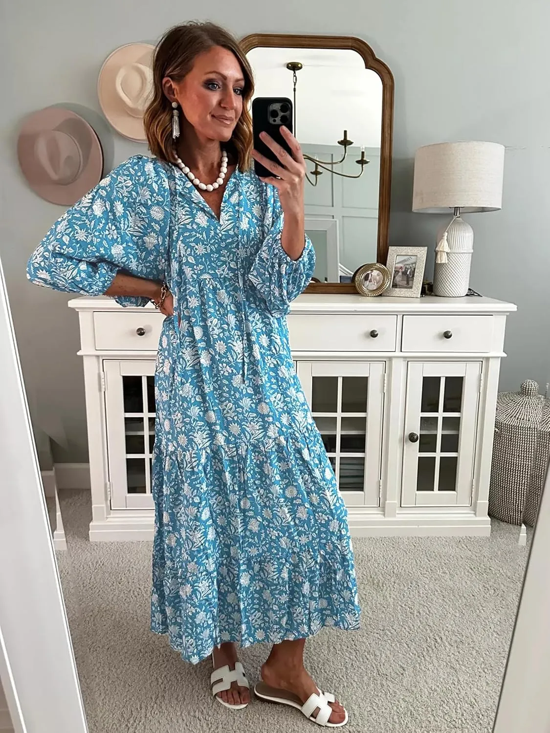 miduo Womens Loose Fit Casual Summer V Neck Half Sleeve Bohemian Geometric Pattern Maxi Long Dresses