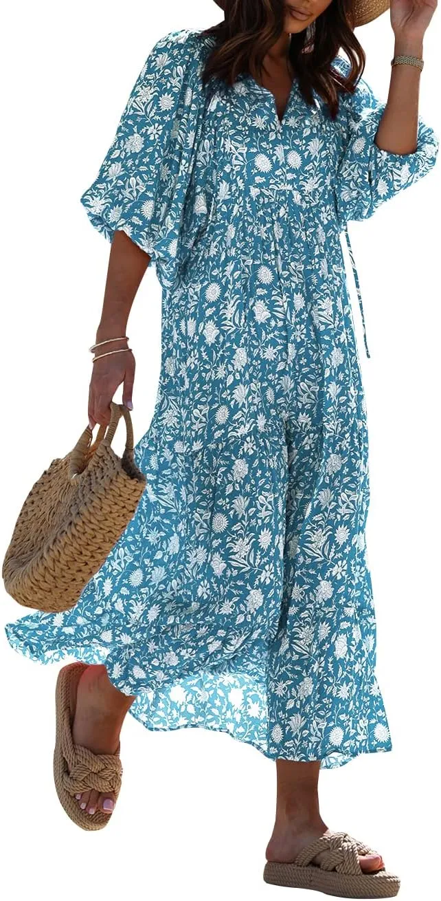 miduo Womens Loose Fit Casual Summer V Neck Half Sleeve Bohemian Geometric Pattern Maxi Long Dresses