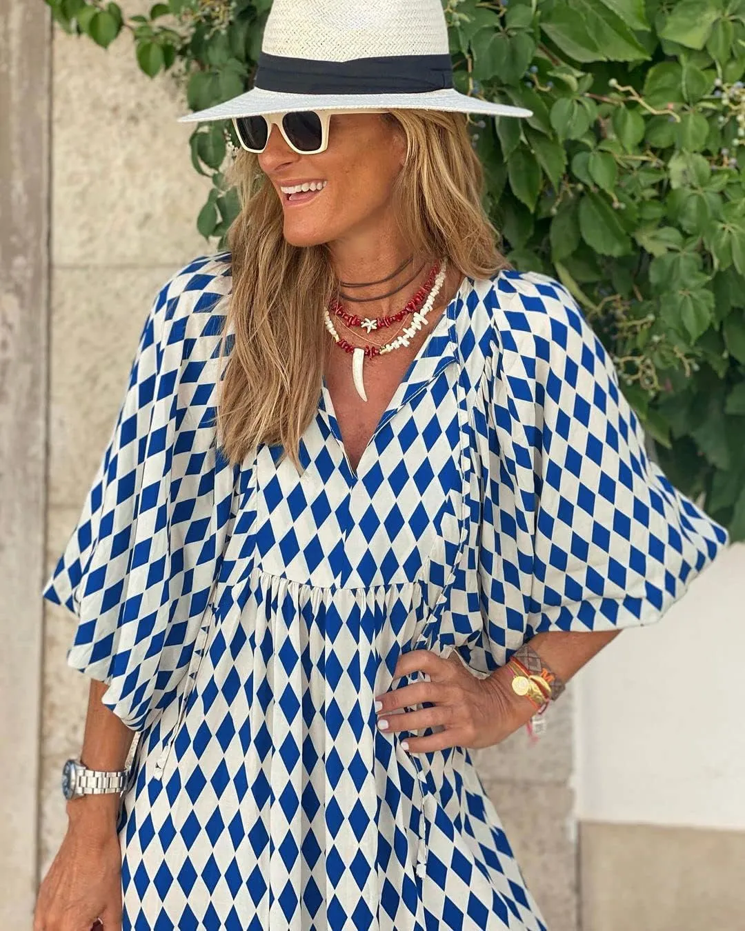 miduo Womens Loose Fit Casual Summer V Neck Half Sleeve Bohemian Geometric Pattern Maxi Long Dresses