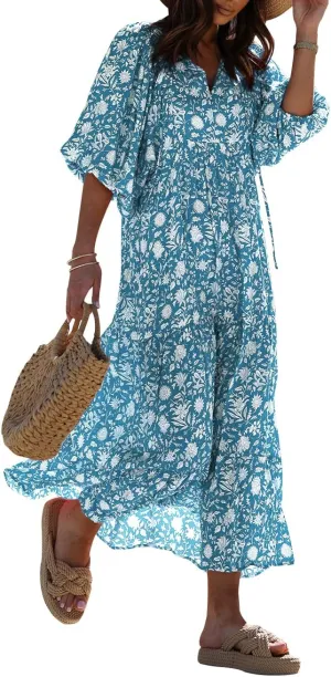 miduo Womens Loose Fit Casual Summer V Neck Half Sleeve Bohemian Geometric Pattern Maxi Long Dresses