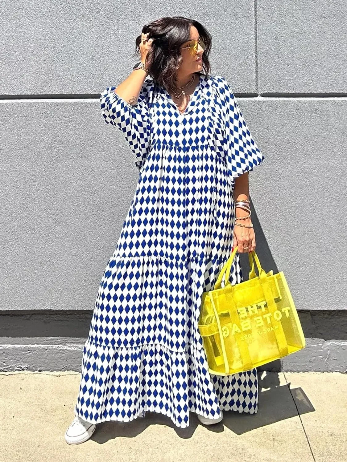 miduo Womens Loose Fit Casual Summer V Neck Half Sleeve Bohemian Geometric Pattern Maxi Long Dresses