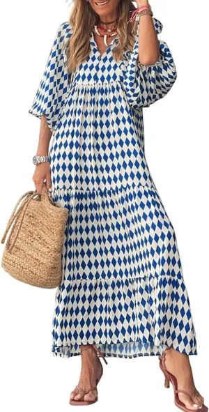 miduo Womens Loose Fit Casual Summer V Neck Half Sleeve Bohemian Geometric Pattern Maxi Long Dresses