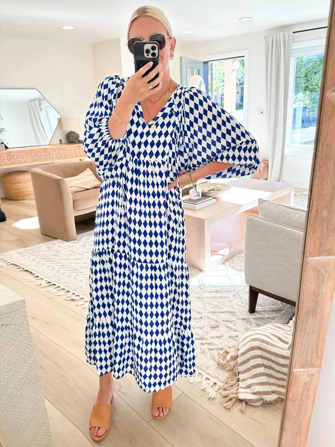 miduo Womens Loose Fit Casual Summer V Neck Half Sleeve Bohemian Geometric Pattern Maxi Long Dresses