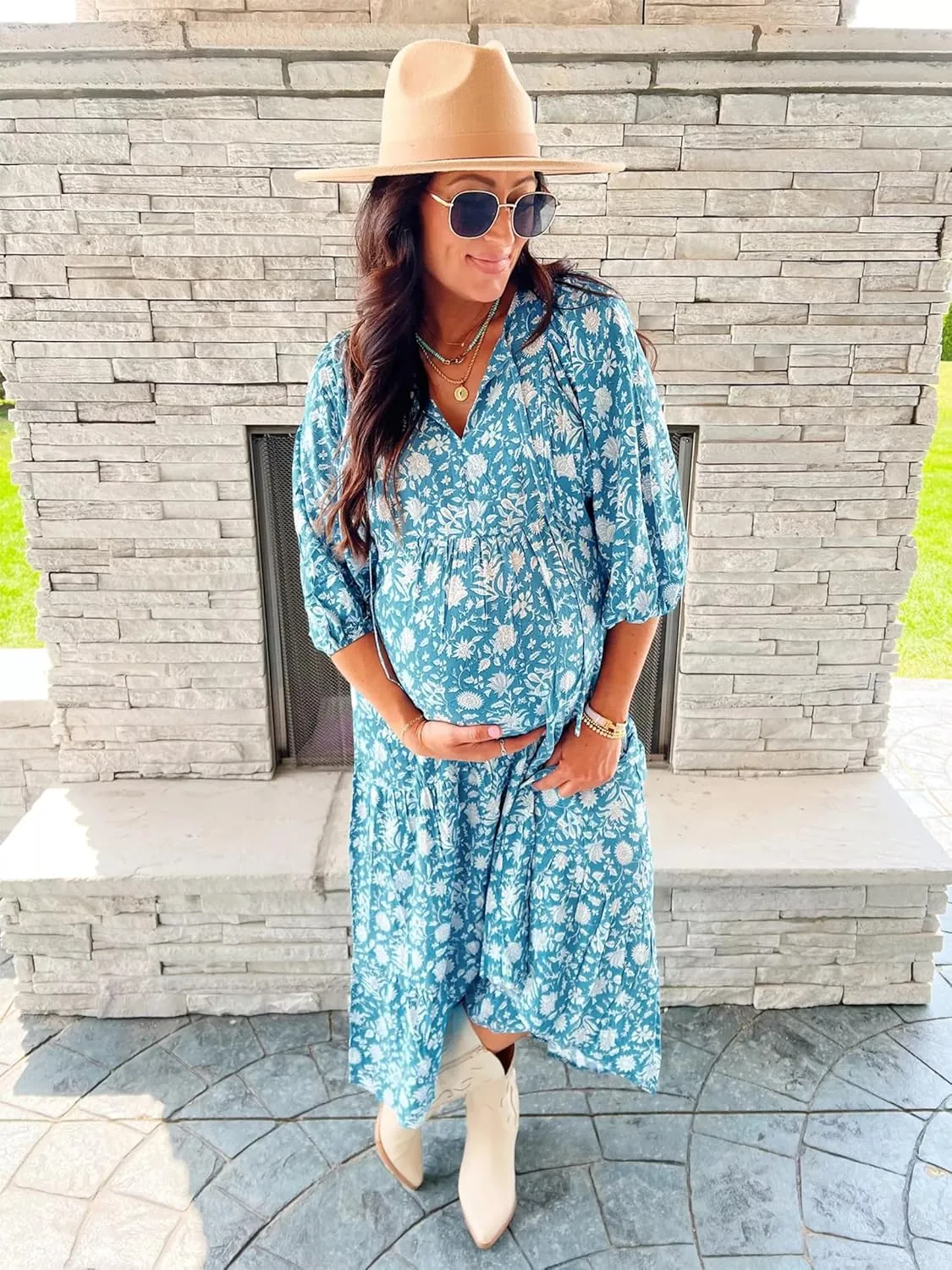 miduo Womens Loose Fit Casual Summer V Neck Half Sleeve Bohemian Geometric Pattern Maxi Long Dresses