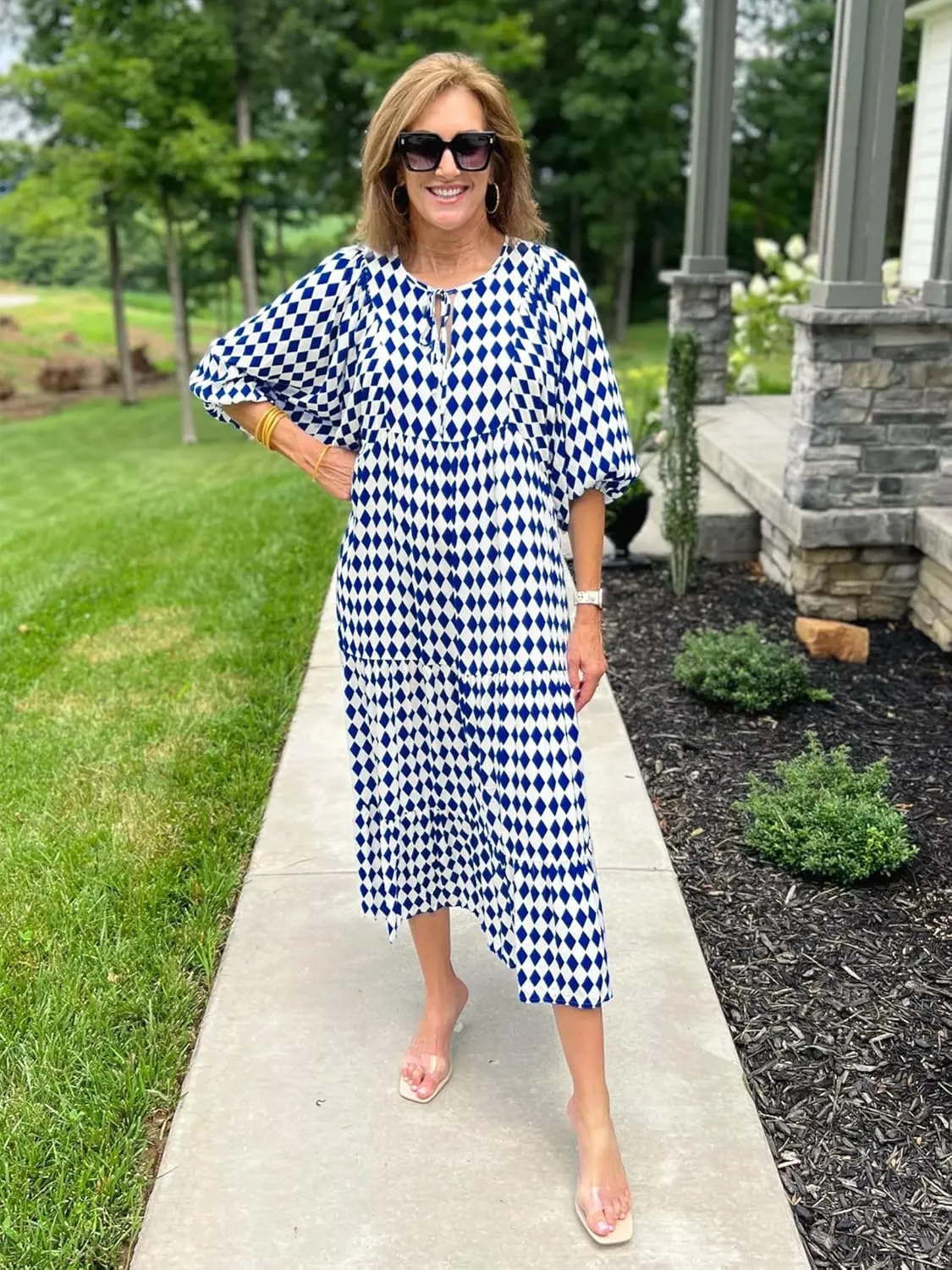 miduo Womens Loose Fit Casual Summer V Neck Half Sleeve Bohemian Geometric Pattern Maxi Long Dresses