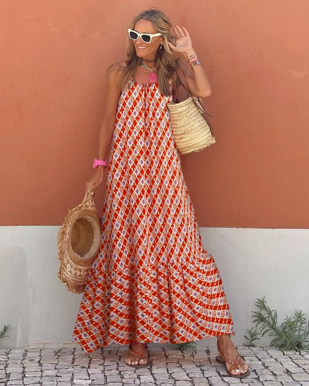 miduo Womens Summer Bohemian Pattern Spaghetti Straps Sleeveless Casual Maxi Long Dresses