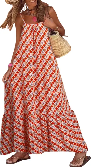 miduo Womens Summer Bohemian Pattern Spaghetti Straps Sleeveless Casual Maxi Long Dresses